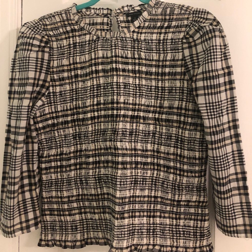 Ann Taylor Plaid Smocked Puffed Sleeve Too